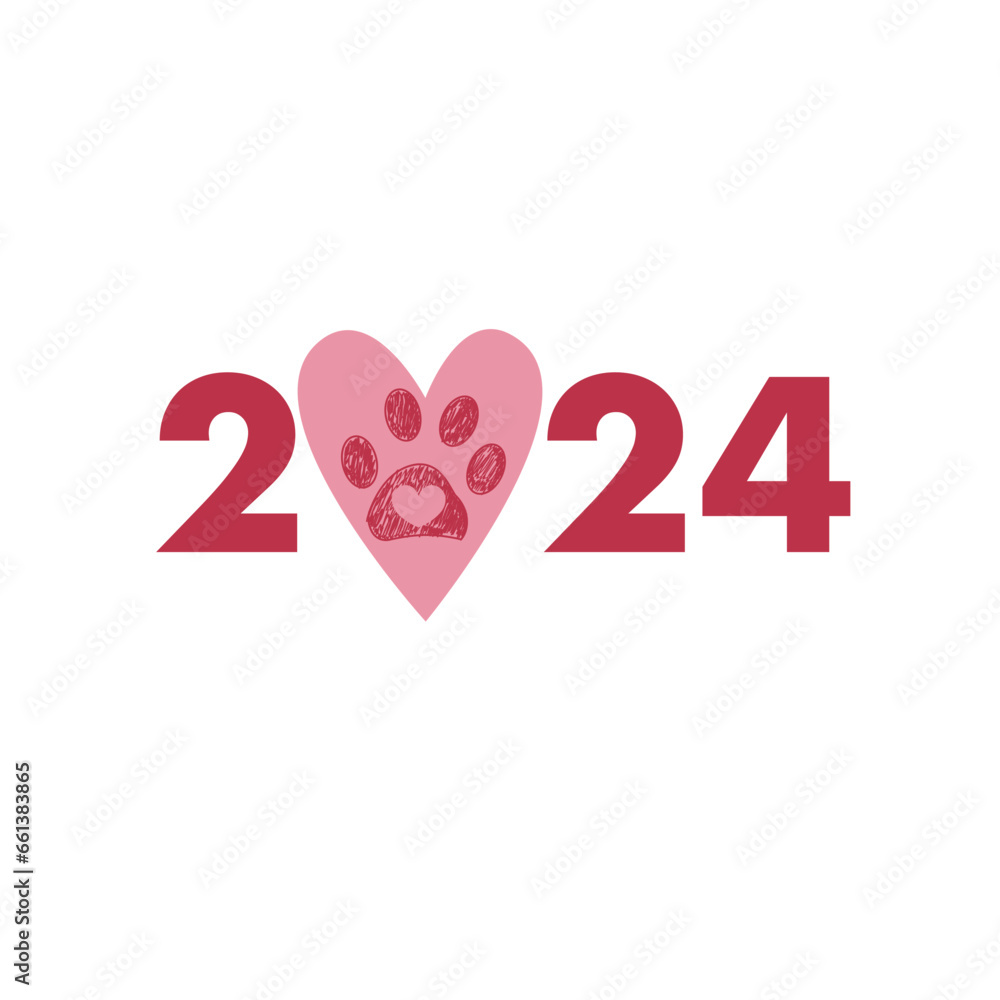 2024 text red with heart paw prints. Merry Christmas greeting card 2024 text red with heart paw prints. Merry Christmas greeting card