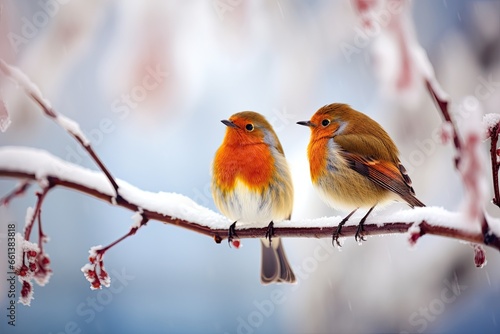 A couple of lovebirds perched on a tree branch, celebrating the Christmas. Generative AI