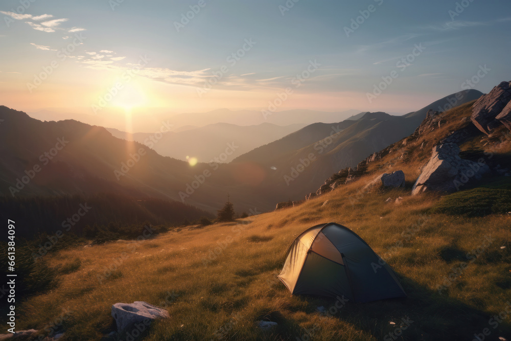 Discover the beauty of nature with this picturesque tent amidst the majestic mountains at sunset is AI Generative.