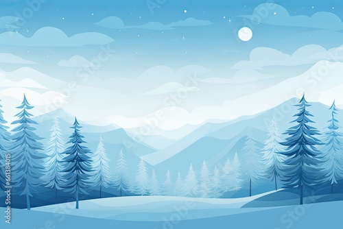 Winter scenery with snow covered trees. Blue tones. Christmas background. Generative AI
