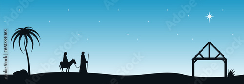 Joseph and pregnant Mary travel to Bethlehem on a donkey.