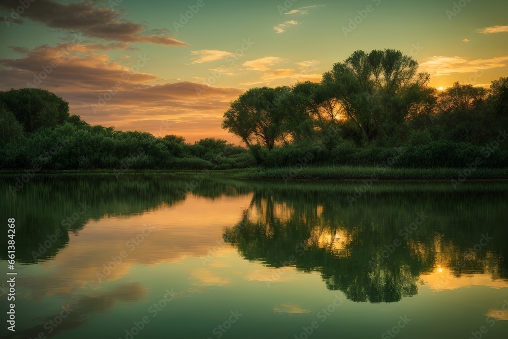 Sunset over lake. Generative AI. Sunset over lake. Generative AI.