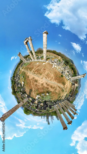 tiny planet view of ancient Temple of Aphrodite in Aphrodisias ancient city. With exquisite marble artworks and columns dedicated to the goddess of love, creating a unique historical experience. photo