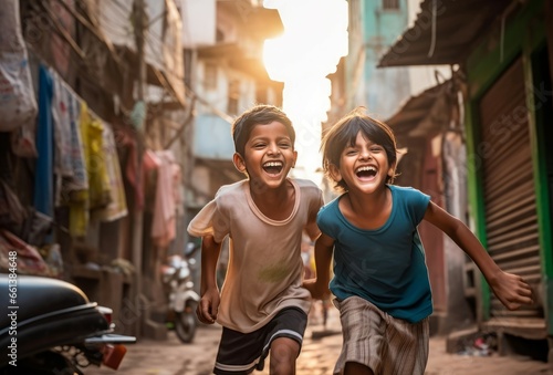 Two Indian children. Happy kids playing on urban street. Generate ai