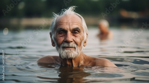 Elderly man swimming through a lake - Generative AI © DanielMendler