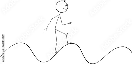 Person or Businessman Walking on Waves, Vector Cartoon Stick Figure Illustration