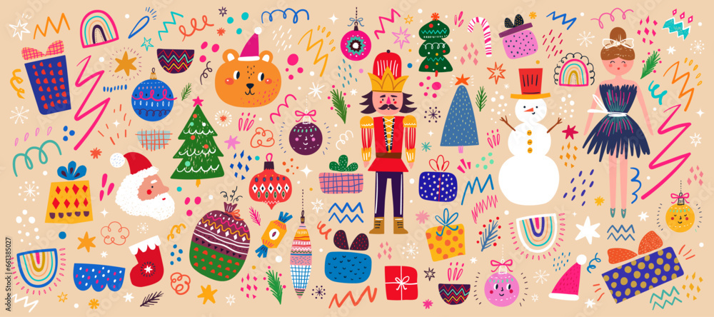 Christmas decorative collection with funny Nutcracker, Santa Claus, ballerina and gift boxes. Christmas banner Christmas decorative collection with funny Nutcracker, Santa Claus, ballerina and gift boxes. Christmas banner