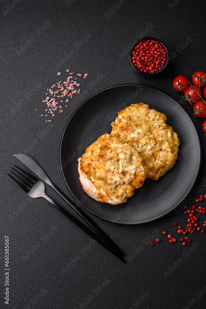 Delicious meat fried with Dijon mustard with salt, spices and herbs