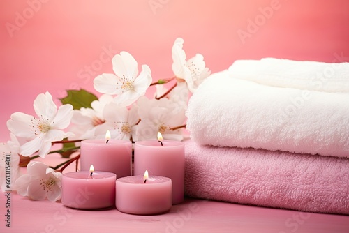 A clean and tranquil spa with towels  bath products and candles to promote health and relaxation.