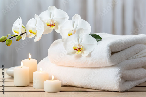 A tranquil spa environment with white towels, fragrant flowers and candles for pampering and relaxation.