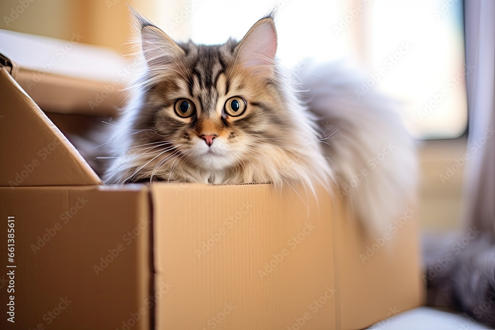 A cute and playful tabby kitten sits on a cardboard box and looks with curious and beautiful eyes. A cute and playful tabby kitten sits on a cardboard box and looks with curious and beautiful eyes.