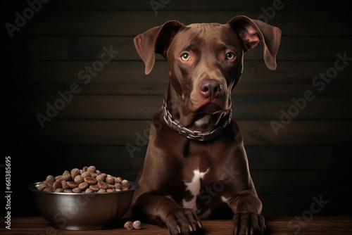 Close-up portrait of a cute and friendly dog showing an inquisitive expression near a plate of food.