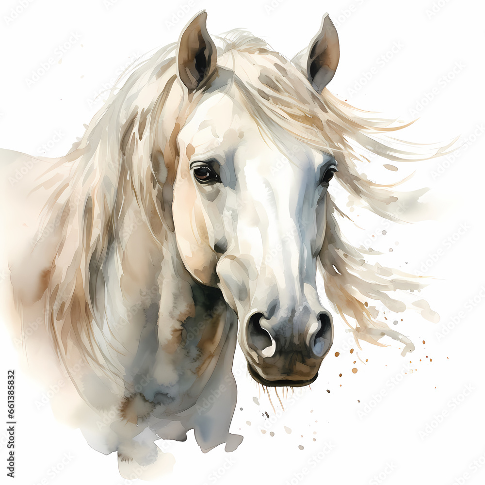 Portrait of a white horse, watercolor illustration.