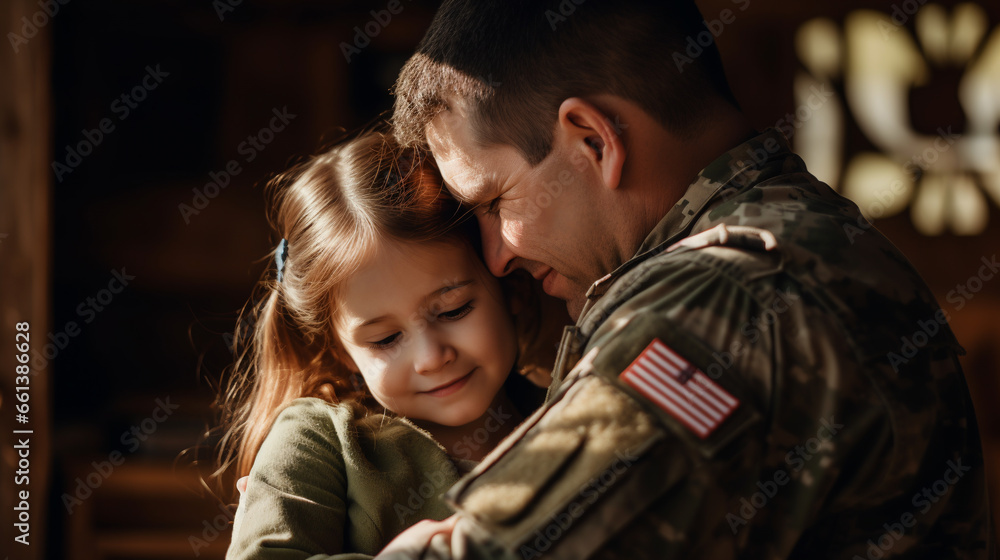 a military father and his daughter hug, a long-awaited meeting. ai generative a military father and his daughter hug, a long-awaited meeting. ai generative