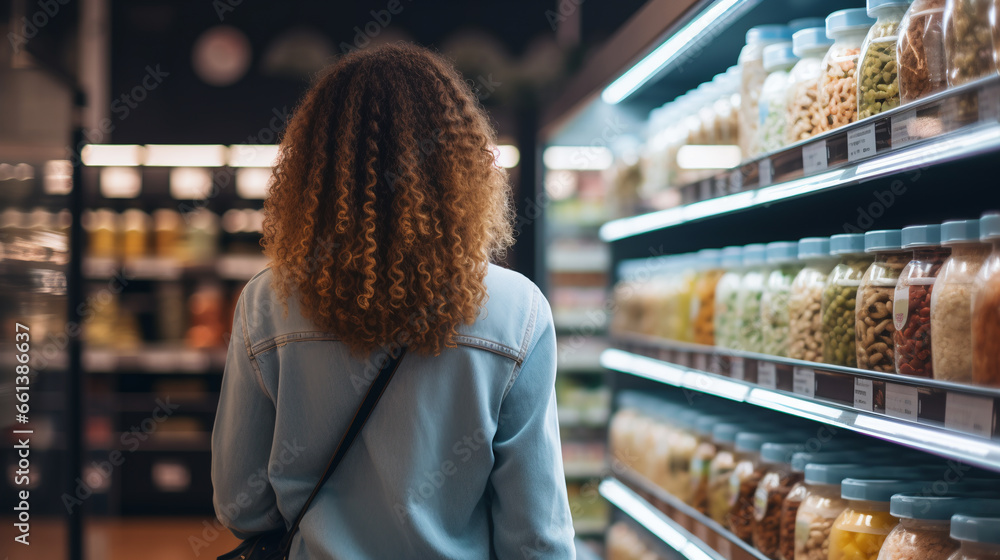 A woman comparing products in a grocery store, considering nutrition, prices, and ingredients. ai generative