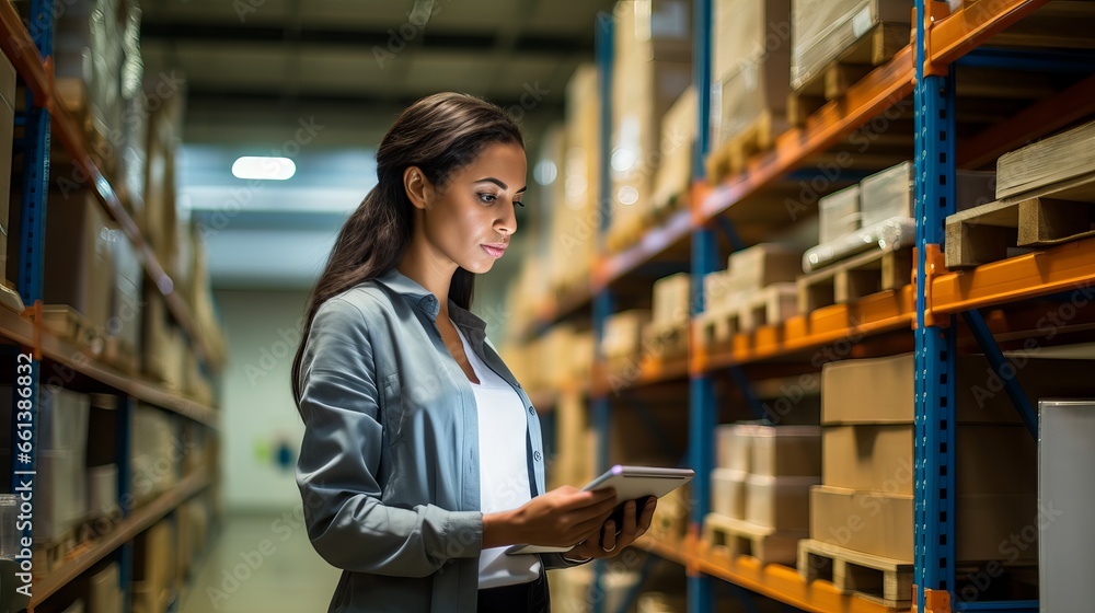 Smart warehouse management: Female employee or supervisor using digital tablet to check stock inventory - obrazy, fototapety, plakaty 