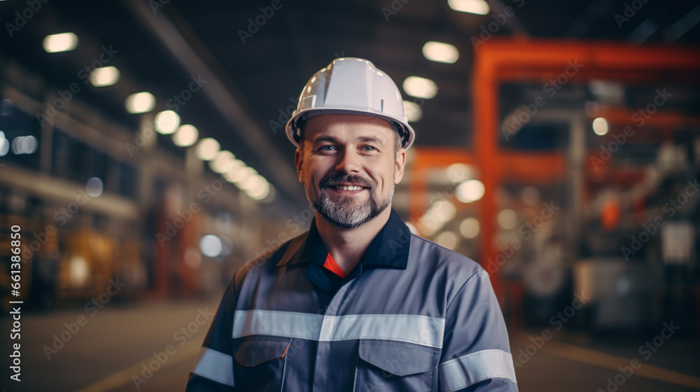 Portrait of Industry maintenance engineer man wearing uniform and safety hard hat on factory station. ai generative - obrazy, fototapety, plakaty 