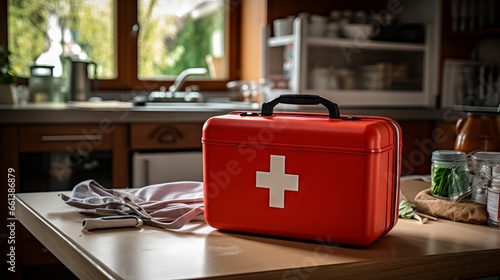 First aid kit in red box on wooden table with kitchen utensils and appliances in background. Concept of home safety and emergency preparedness