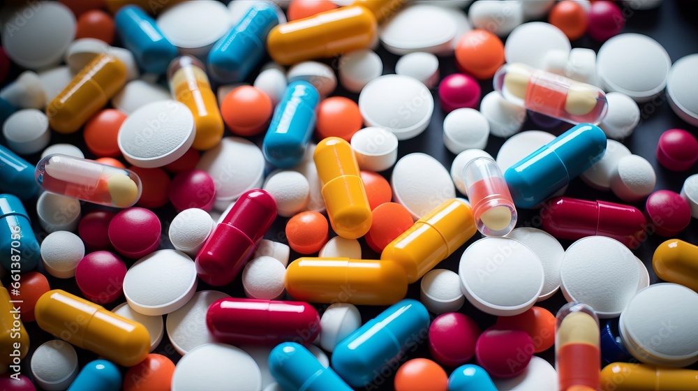 A variety of colorful medical pills and capsules for treating colds and viruses