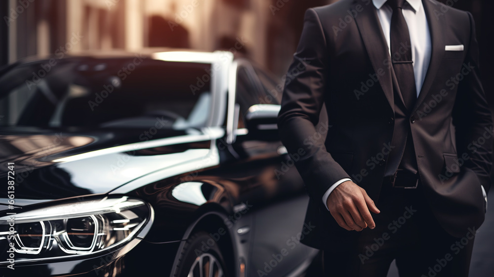 Professional driver near luxury car, close up. Chauffeur service. ai generative Professional driver near luxury car, close up. Chauffeur service. ai generative