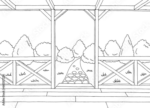 Empty terrace interior graphic black white sketch illustration vector