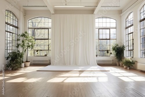 Realistic photo of bright apartment hall with big windows and light hall inside. Empty room with wooden floor photo