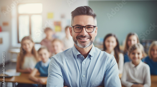 Portrait of smiling male teacher in a class at elementary school looking at camera with learning students on background. ai generative