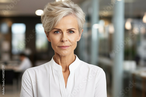 Portrait of beautiful middle aged woman with short white hair.