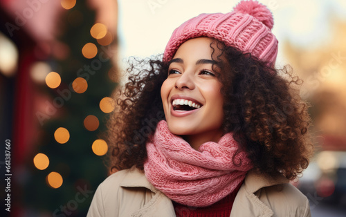 Laughing beauty girl with color clothes on Christmas background.