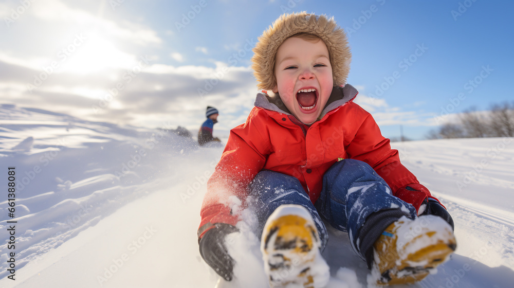 happy child slides down a snow slide on a sled. ai generative happy child slides down a snow slide on a sled. ai generative