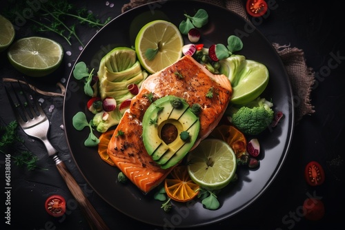 Top view of dish grilled salmon steak with avocado and tomatoes, herbs citrine, menu recipe background, cooking book idea, generative ai