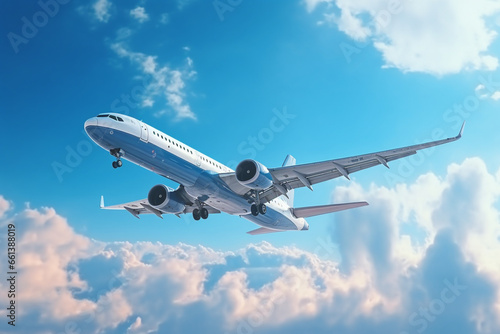 Passenger airplane flying on blue sky, low angle view