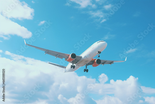 Passenger airplane flying on blue sky, low angle view