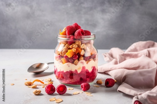 top view of cranachan raspberry dessert in jar on light sunny background, copy space, generative ai photo