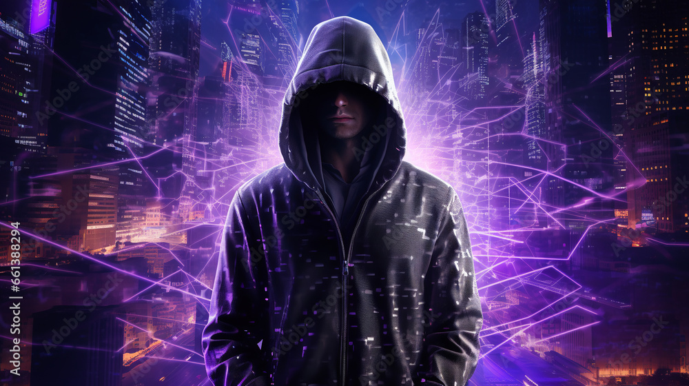 Computer hacker in a hoodie on an abstract city background. Data theft, internet fraud, darknet and cybersecurity. ai generative Computer hacker in a hoodie on an abstract city background. Data theft, internet fraud, darknet and cybersecurity. ai generative