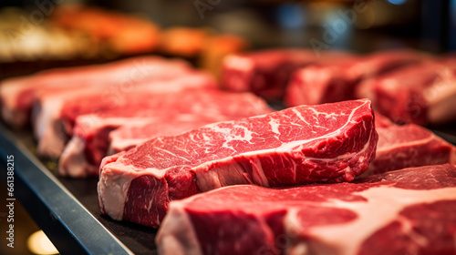 Various cuts of fresh raw red meat on a counter in a supermarket. ai generative