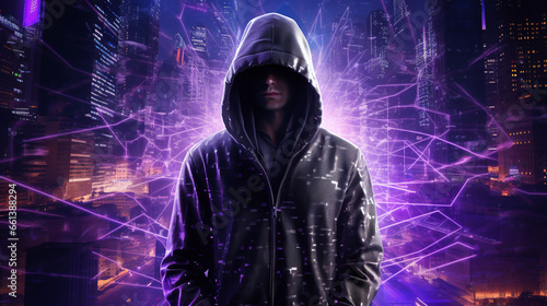 Computer hacker in a hoodie on an abstract city background. Data theft, internet fraud, darknet and cybersecurity. ai generative