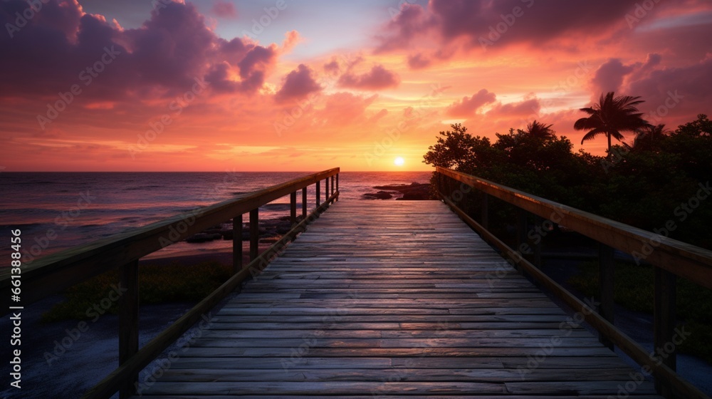 a serene sunset and a wooden pathway