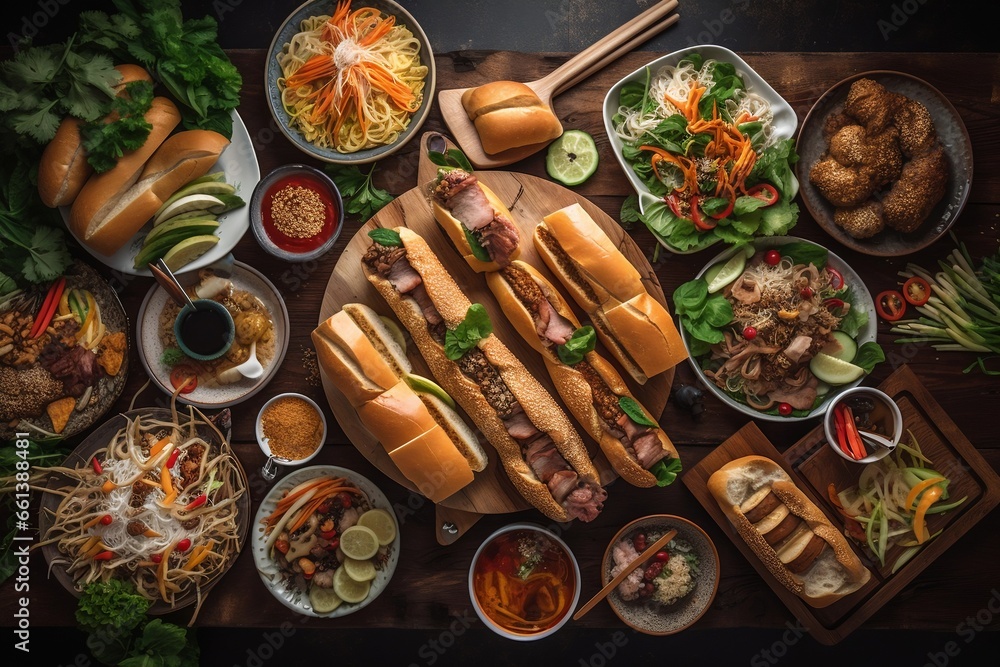 top view of assorted vietnamese dishes, generative ai - obrazy, fototapety, plakaty 