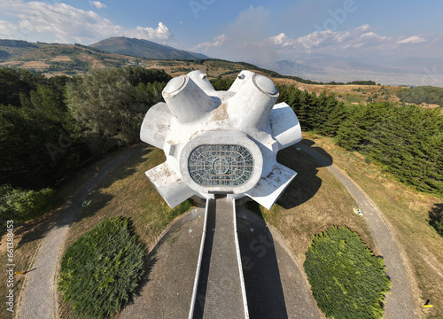 Aerial drone shot of Ilinden, Krusevo spomenik, a memorial for the Ottoman era uprising and partisan in Macedonia