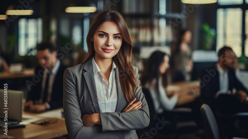 Thoughtful business woman standing with crossed arms. Woman working in an office. ai generative
