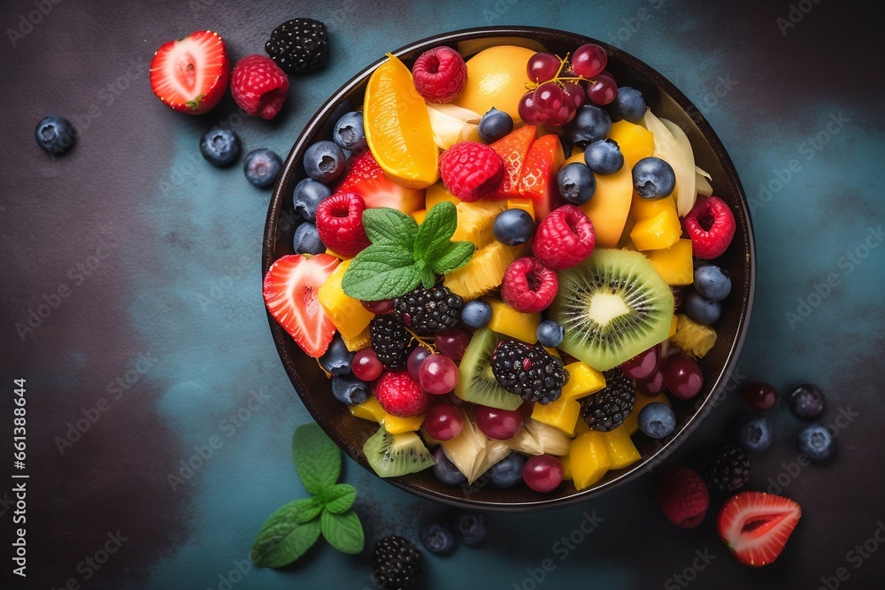 Bowl of colorful fruit salad, light sunny background, top view, natural nutrition, generative ai - obrazy, fototapety, plakaty 