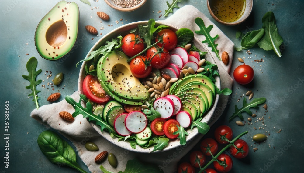Fresh Tomato, Avocado, Arugula Salad with Radish and Seeds Fresh Tomato, Avocado, Arugula Salad with Radish and Seeds