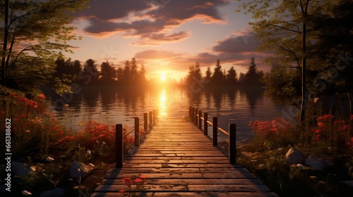 a serene sunset and a wooden pathway