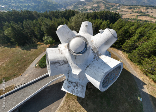 Aerial drone shot of Ilinden, Krusevo spomenik, a memorial for the Ottoman era uprising and partisan in Macedonia