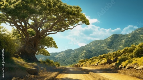 Abstract background of route and travel set against a massive tree and gorgeous scenery