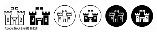 Castle icon. Ancient historical protection wall building symbol set. Fortress of royal kingdom vector sign. Fantasy stone made bouncy sand fort line logo. Citadel castle with flag icon