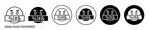 Swear face expression icon. Angry offensive language speaking facial expression symbol set. Hate speech and verbal talk emoticon vector sign. Swear face emoji line logo.