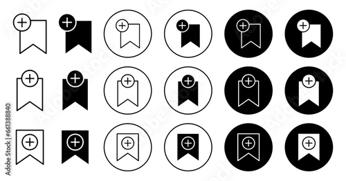 Add bookmark icon. New bookmark website page to save for later use symbol set. Add bookmark ribbon strip with plus sign vector. Browser book page with tag mark line logo. Add favorite bookmark button
