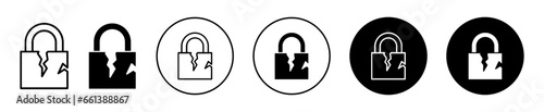 Broken padlock icon. Unsafe and unsecure online web safety system symbol set. Broken lock shows protection failure due to hacking attack vector sign. Unlock or fail padlock line logo. Crack in lock 